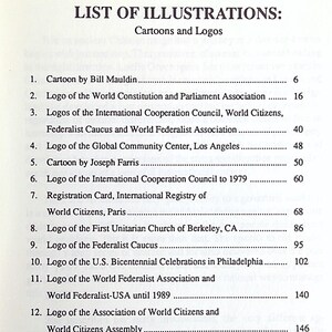 Puede incluir: Una p&aacute;gina impresa titulada "LISTA DE ILUSTRACIONES: Dibujos animados y logotipos". La lista incluye entradas como "Cartoon by Bill Mauldin" y "Logo de la World Constitution and Parliament Association", con n&uacute;meros de p&aacute;gina correspondientes.