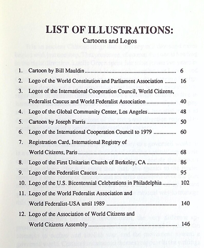 Puede incluir: Una p&aacute;gina impresa titulada "LISTA DE ILUSTRACIONES: Dibujos animados y logotipos". La lista incluye entradas como "Cartoon by Bill Mauldin" y "Logo de la World Constitution and Parliament Association", con n&uacute;meros de p&aacute;gina correspondientes.