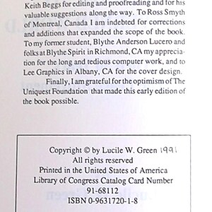 Puede incluir: P&aacute;gina de un libro con el t&iacute;tulo "Agradecimientos". El texto incluye un aviso de copyright de Lucile W. Green de 1991 y el n&uacute;mero ISBN. Tambi&eacute;n se menciona la Fundaci&oacute;n Uniquest.