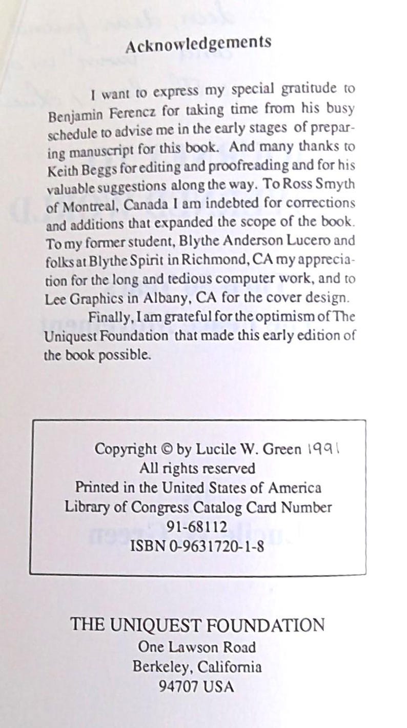 Puede incluir: P&aacute;gina de un libro con el t&iacute;tulo "Agradecimientos". El texto incluye un aviso de copyright de Lucile W. Green de 1991 y el n&uacute;mero ISBN. Tambi&eacute;n se menciona la Fundaci&oacute;n Uniquest.