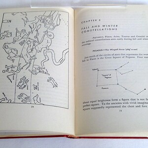 Puede incluir: Libro abierto con ilustraciones de constelaciones. La p&aacute;gina izquierda presenta un mapa detallado en blanco y negro de figuras celestes. La p&aacute;gina derecha tiene texto sobre constelaciones, incluido Pegaso. El libro est&aacute; abierto en las p&aacute;ginas 72 y 73.