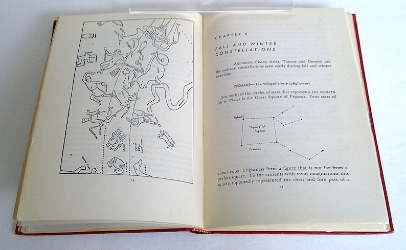 Puede incluir: Libro abierto con ilustraciones de constelaciones. La p&aacute;gina izquierda presenta un mapa detallado en blanco y negro de figuras celestes. La p&aacute;gina derecha tiene texto sobre constelaciones, incluido Pegaso. El libro est&aacute; abierto en las p&aacute;ginas 72 y 73.