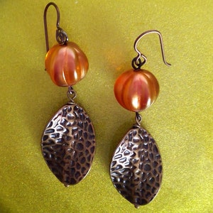 Dangling Earrings, Pumpkin Patch. Czech Glass, Antiqued Brass-Plated Leaf, Niobium Earwires.  One of a kind.