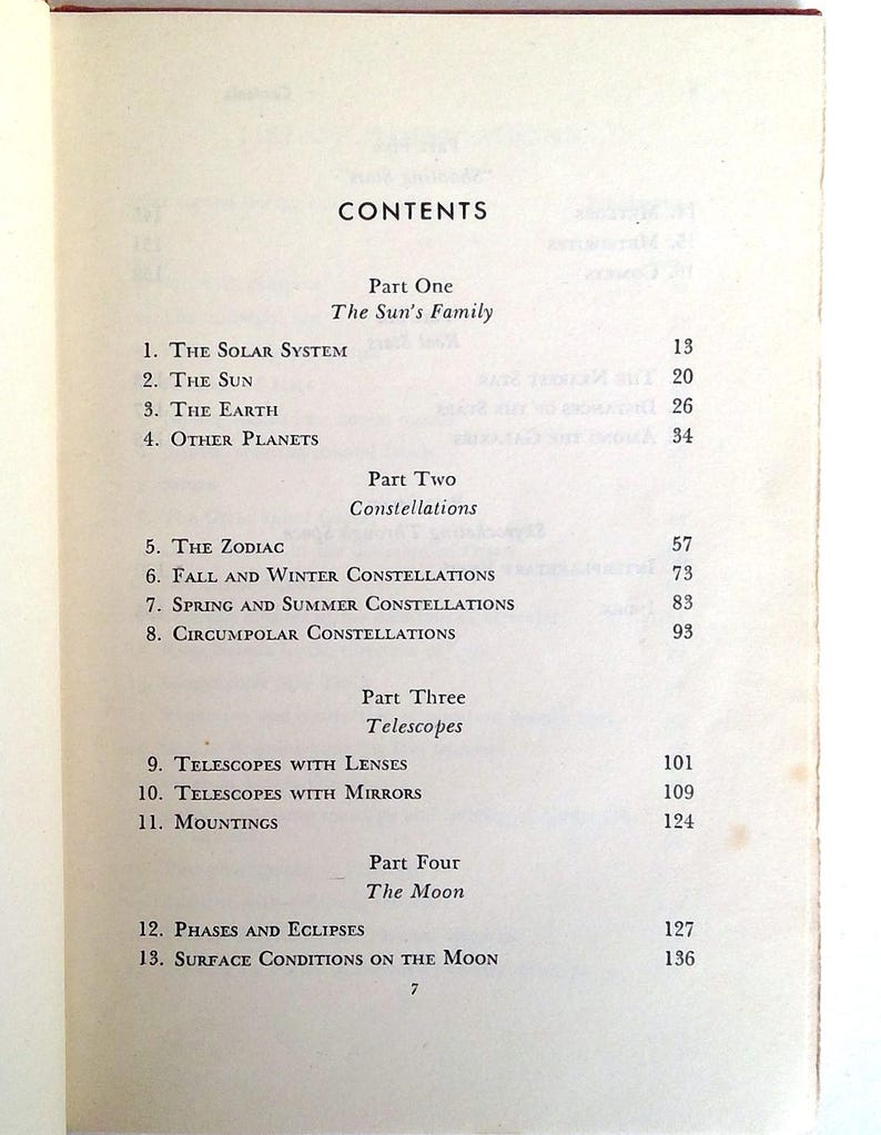 Puede incluir: P&aacute;gina de un libro abierto que muestra la tabla de contenidos. Los t&iacute;tulos incluyen "La Familia del Sol", "Constelaciones", "Telescopios" y "La Luna". Los n&uacute;meros de p&aacute;gina son visibles junto a cada t&iacute;tulo de cap&iacute;tulo.