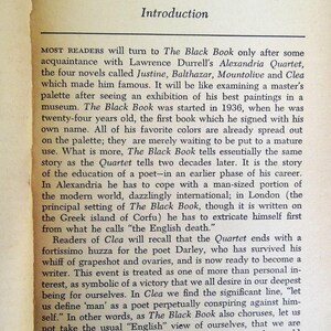 May include: A page from a book with the title "Introduction" at the top. The text discusses "The Black Book" and its relation to Lawrence Durrell's "Alexandria Quartet" novels. The text is in black font.