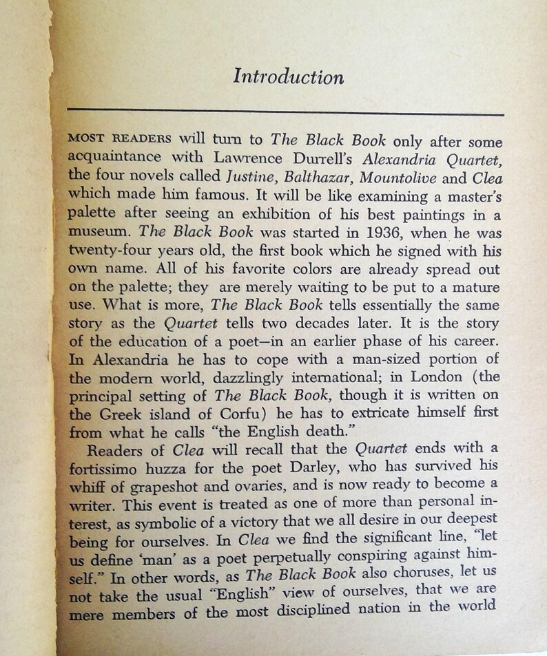 May include: A page from a book with the title "Introduction" at the top. The text discusses "The Black Book" and its relation to Lawrence Durrell's "Alexandria Quartet" novels. The text is in black font.