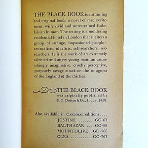 May include: Open book page with text from "THE BLACK BOOK", a novel. The text describes the book's themes, including humor and a setting in a London hotel. Additional text lists other books in the Cardinal editions series.