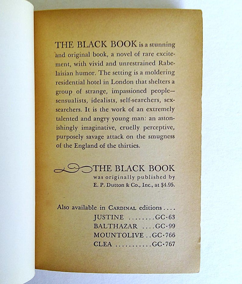 May include: Open book page with text from "THE BLACK BOOK", a novel. The text describes the book's themes, including humor and a setting in a London hotel. Additional text lists other books in the Cardinal editions series.