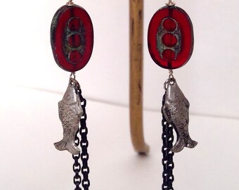 Fishing For Compliments?  Dangling Fish Earrings.  One of a Kind. Sterling Silver Ear Wires.