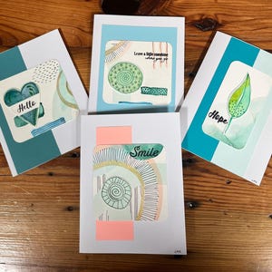 Note cards, handmade, mixed media, 4 pack, assorted, blank inside