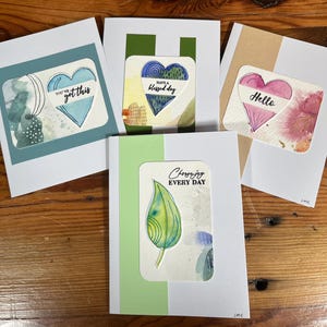 Note cards, handmade, mixed media, 4 pack, assorted, blank inside
