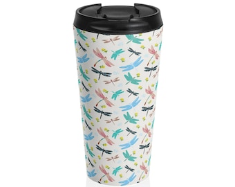 Tazza da viaggio in acciaio inossidabile con motivo libellula colorata / Bicchiere termico con motivo floreale e insetti