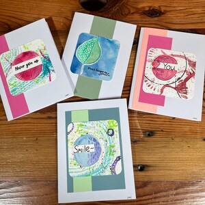 Note cards, handmade, mixed media, 4 pack, assorted, blank inside