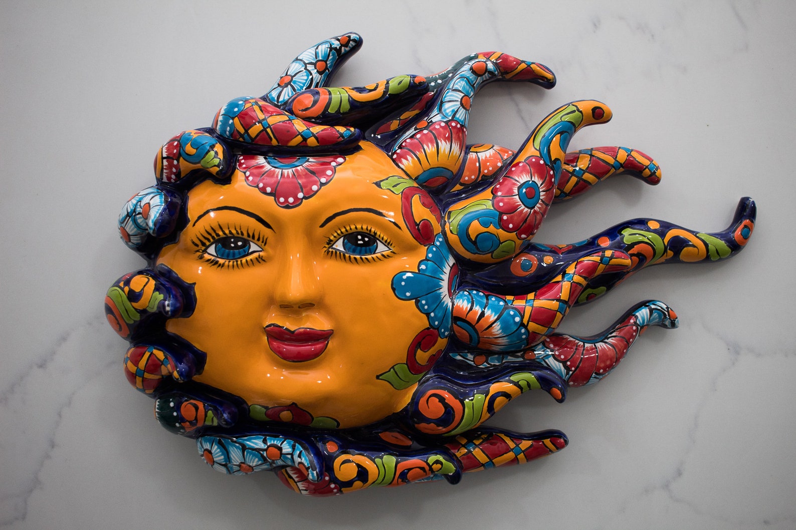 Sun Face Disheveled of Mexican Talavera Ceramic Hand Painted Decorative