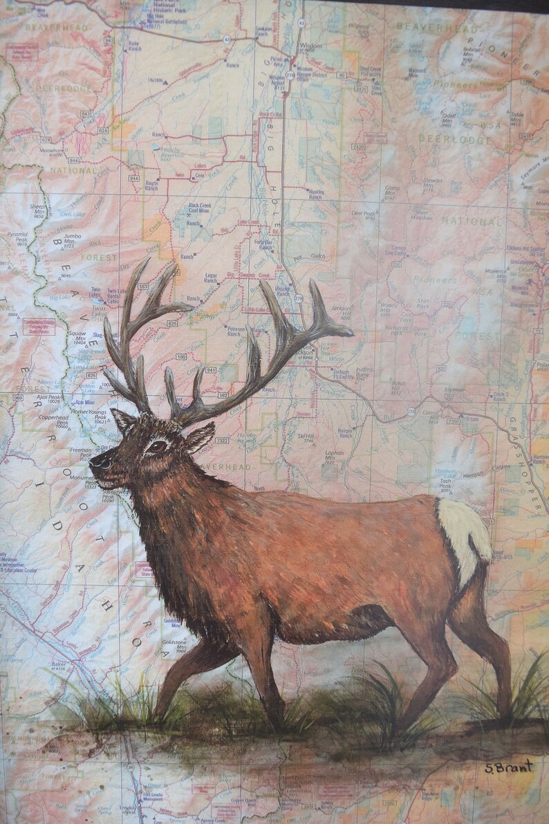 Elk Art Print on Montana Map Wildlife Nature Etsy