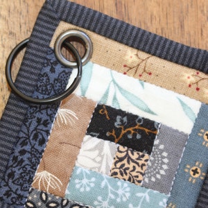 Peut inclure: Un petit dessous de verre carr&eacute; matelass&eacute; avec un motif patchwork dans les tons de bleu, marron et cr&egrave;me. Le dessous de verre a une bordure gris fonc&eacute; et un anneau m&eacute;tallique pour suspendre. Le patchwork pr&eacute;sente des motifs floraux et g&eacute;om&eacute;triques.