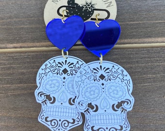 Sugar skull earrings blue, day of the dead earrings, Calavera earrings, Halloween earrings, dia de los muertos earrings, calavera mexicana
