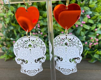 Sugar skull earrings red, day of the dead earrings, Calavera earrings, Halloween earrings, dia de los muertos earrings, calavera mexicana