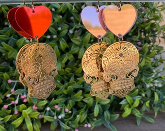 Sugar Skull earrings, calavera earrings, Day of the dead, dia de los muertos, red skull earrings, mexican jewelry, mexican earrings.