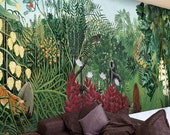 Rainforest Jungle Plants Tropical Wallpaper Wall Mural, Tropical Plants with Moneys Animals Wall Mural, hIgh Quality Hand Painted Wall Decor