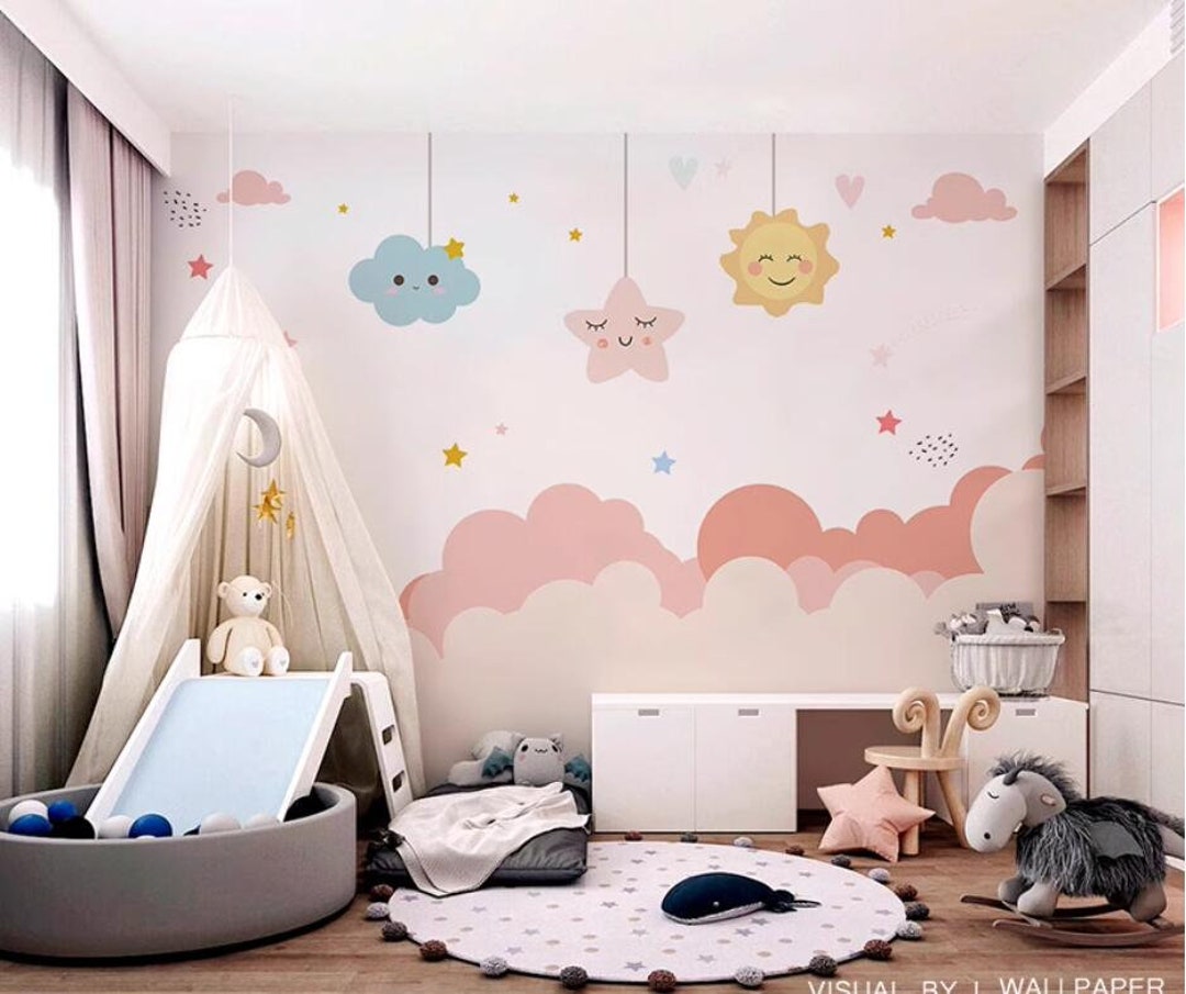 Pink Clouds Stars Nursery Wallpaper Wall Mural, Pink Clouds Stars
