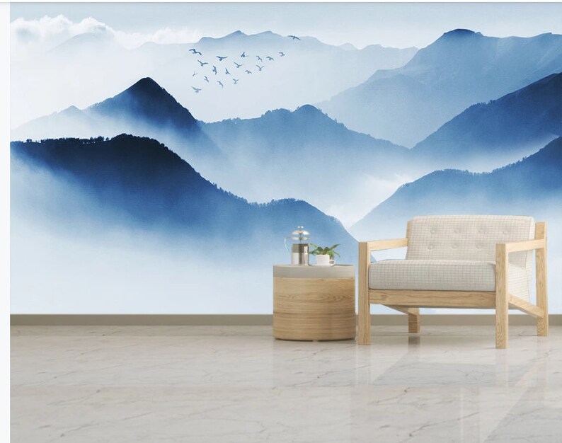 Ombre Blue Abstract Mountains Wallpaper Wall Mural Misty | Etsy