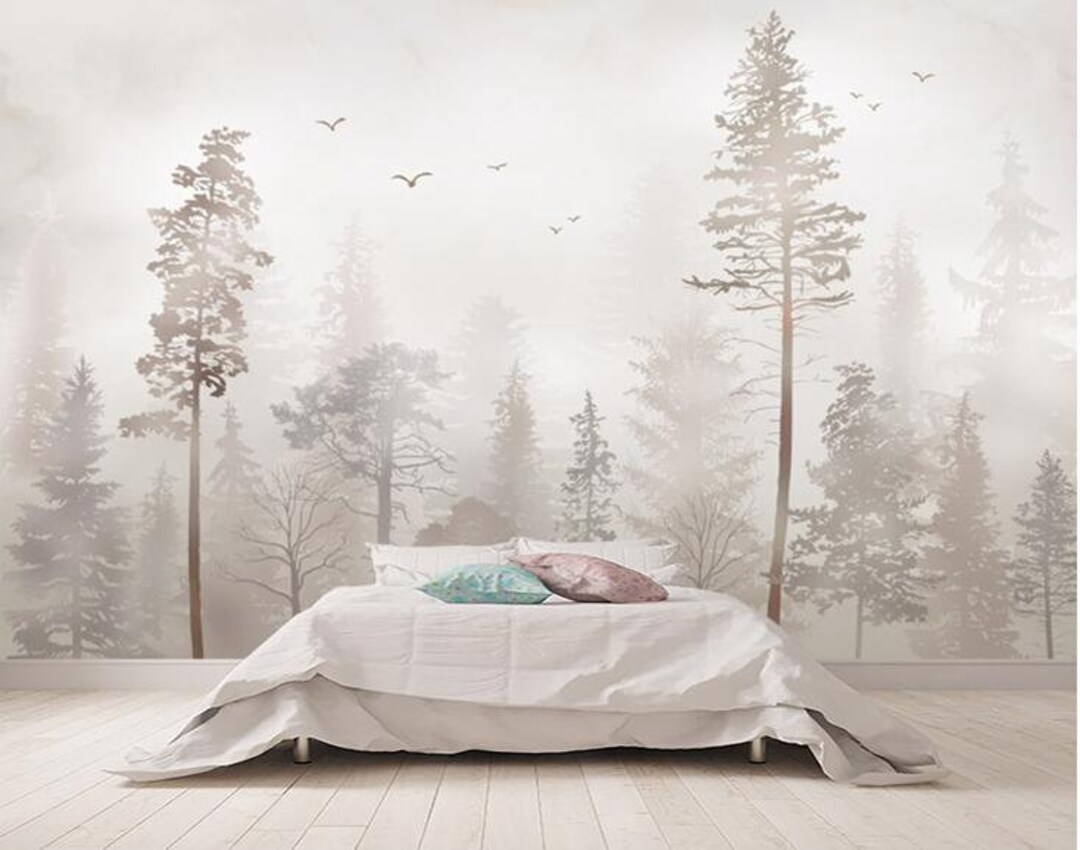 Misty Forest Trees Wallpaper Wall Mural: Tropical Design - Etsy