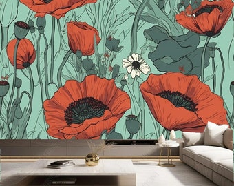 Watercolor Poppy Field Wallpaper Mural: Abstract Floral Wall Decor
