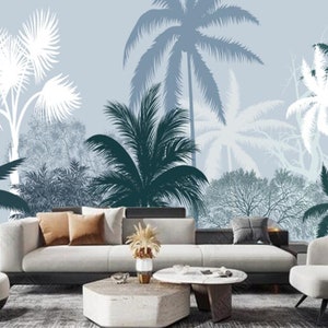 Carta da parati murale con piante retrò giungla alberi tropicali, foresta pluviale Piante tropicali alberi decorazione murale per camera da letto soggiorno