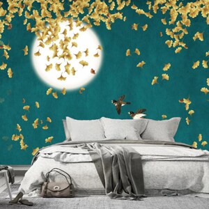 Chinoiserie Ginkgo Blätter Wandbild: Abstrakte Vögel Mond Tapete