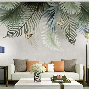 Hanging Tropical Plants Leaves Wallpaper Wall Mural, Tropical Leaves with Butterflies Wall Mural Wall Decor Home Decor