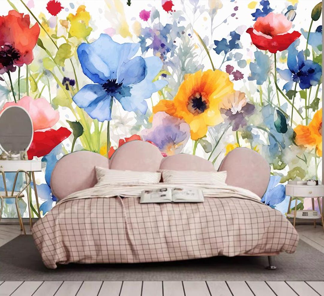 Watercolor Floral Wallpaper: Soft Pastel Botanical Wall Mural - Etsy