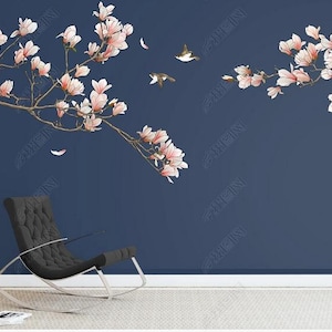 Magnolia Blossom Chinoiserie Floral Wallpaper Wall Mural, Navy Background Magnolia Branch with Flying Birds Wall Mural Wall Decor
