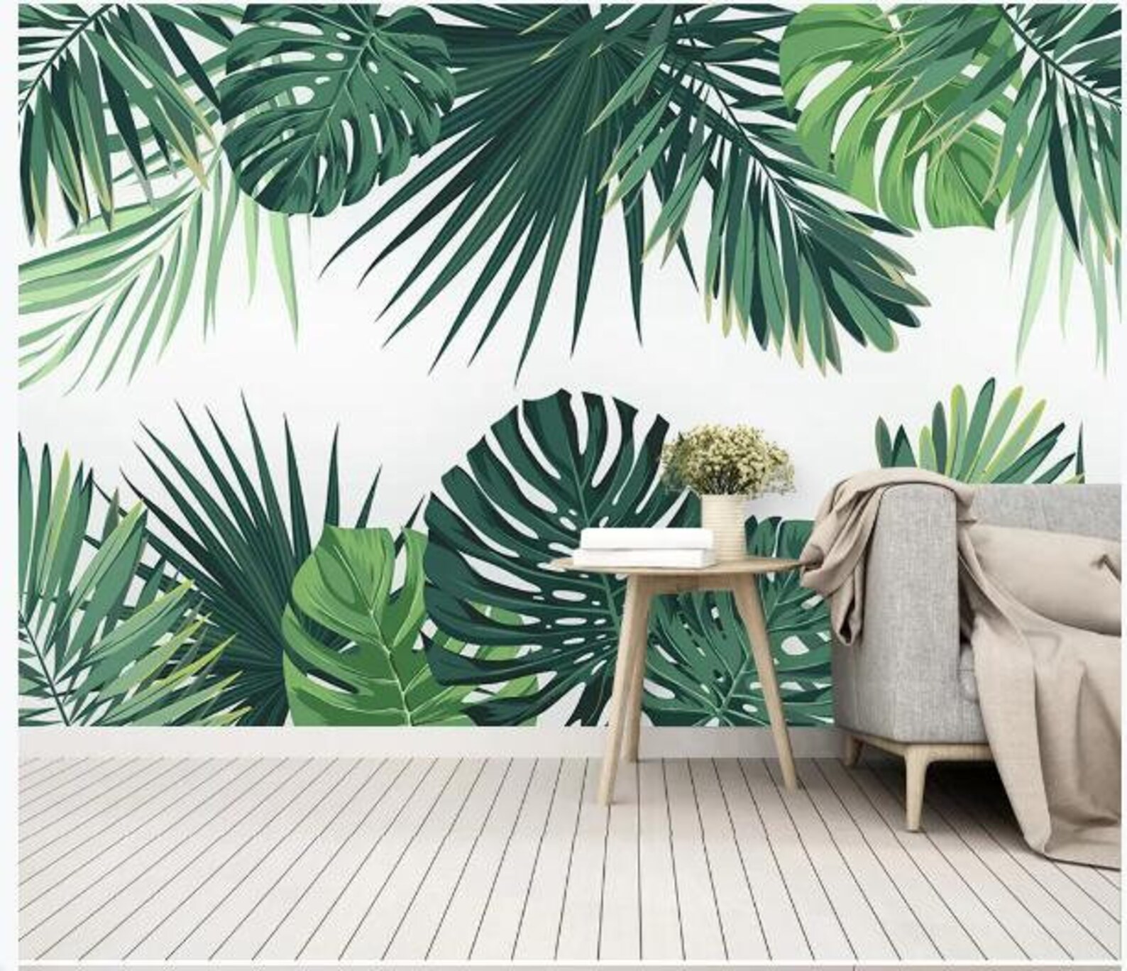 Modern Green Palm Leaves Plants Leaves Wallpaper Wall Mural Etsy