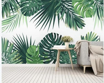 Modern Green Palm Leaves Plants Leaves Wallpaper Wall Mural, Palm Leaves Green Tropical Leaves Bedroom Living Room Wall Mural Wall Decor