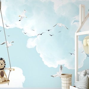 Lovely Cartoon Clouds Kids Nursery Fond d’écran Mural mural, peint à la main enfants Nuages Mouette Murale, Children Room Cartoon Mural Mural