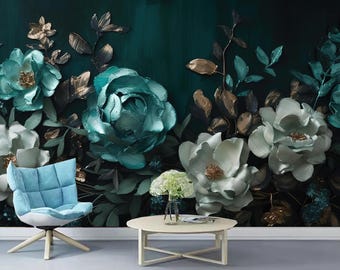 Dark Floral Wallpaper: Moody Teal Flower Wall Mural