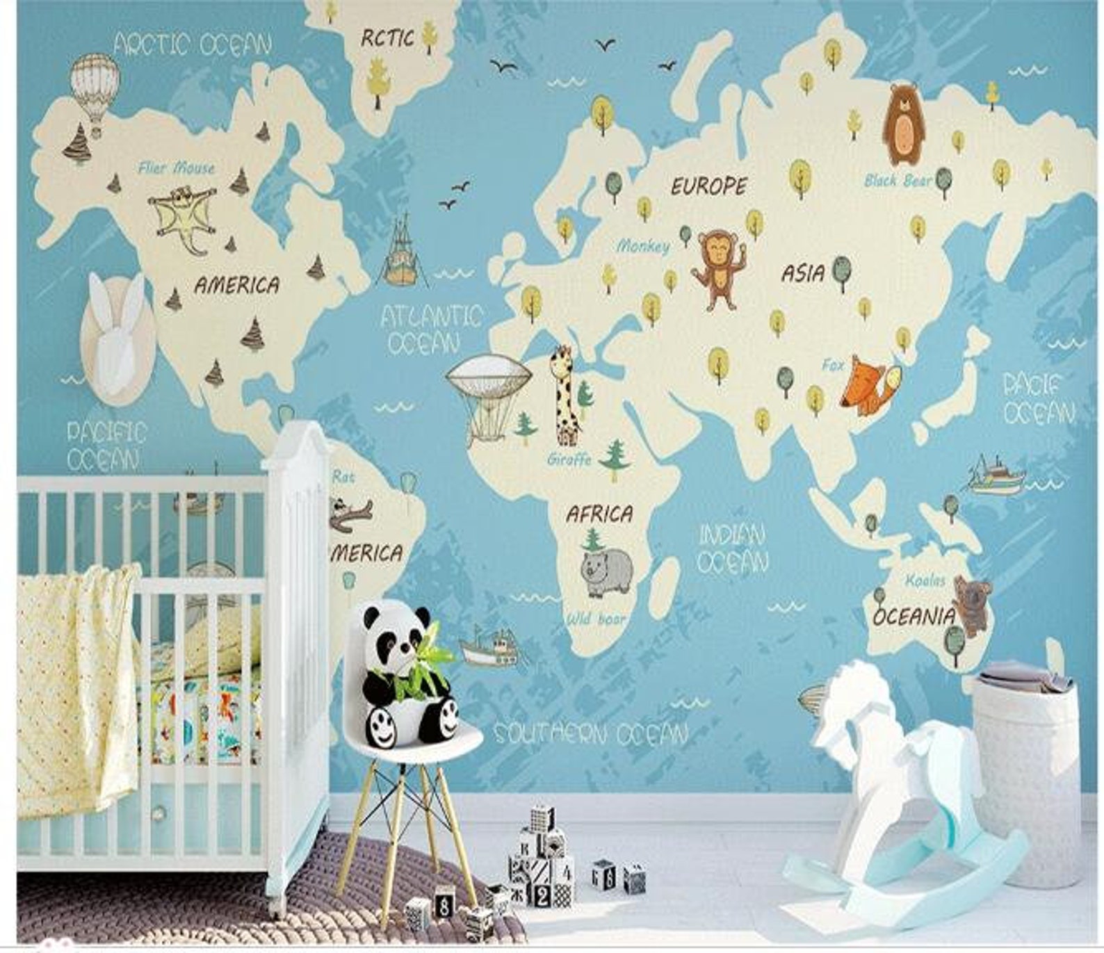 Blue Backgroud World Map Nursery Wallpaper Wall Mural World Etsy UK