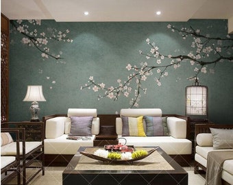 Fine Brushwork Cherry Blossom Flowers Chinoiserie Wallpaper Wall Murals, Spring Cherry Flowers Branches Chinoiserie Wall Mural