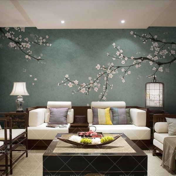 Fine Brushwork Cherry Blossom Flowers Chinoiserie Wallpaper Wall Murals, Spring Cherry Flowers Branches Chinoiserie Wall Mural