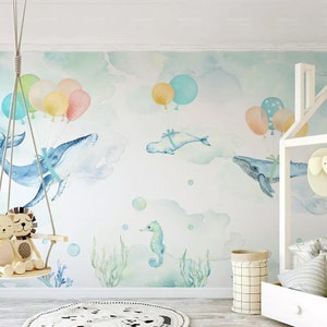 Acuarela dibujos animados ballenas océano mundo vivero papel pintado pared mural decoración de la pared