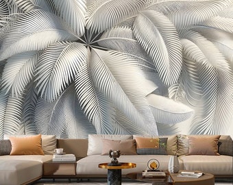 Rainforest Tropical White Palm Leaves Wallpaper Wall Mural Home Decor