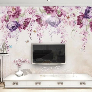 Watercolor Hanging Flowers Floral Wallpaper Wall Mural, Pink Flowers ...