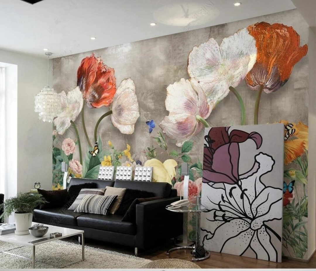 Watercolor Poppy Flower Wall Mural: Butterfly Bedroom Decor - Etsy