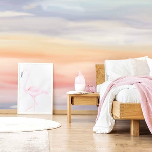 Warm Theme Abstract Gradual Clouds Blue Sky Wallpaper Wall Mural, Hand Painted Beautiful Pink Orange White Purple Clouds Wall Mural