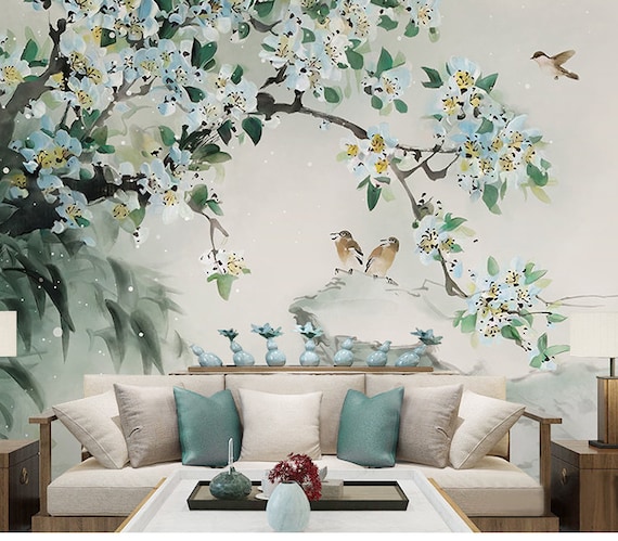 Oriental Ink Painting Wallpaper Wall Mural Flowers Birds - Etsy Oriental Ink Painting Wallpaper Wall Mural Flowers Birds - Etsy