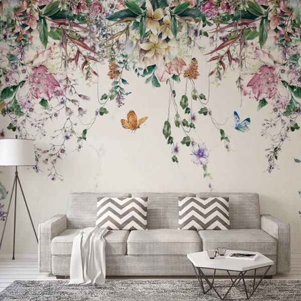Watercolor Hanging Flowers Floral Wallpaper Wall Mural, Beautiful Hanging Flowers Multi-colored Wall Mural Wall Decor