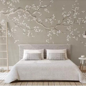 One Large Crooked Cherry Branch Wallpaper Wall Mural, Abstract Cherry Blossom Flowers and Birds Chinoiserie Wall Mural Wall Decor