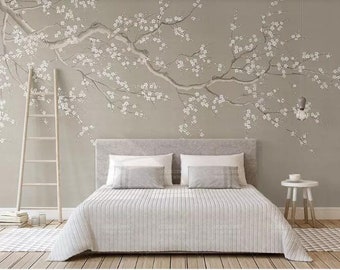 One Large Crooked Cherry Branch Wallpaper Wall Mural, Abstract Cherry Blossom Flowers and Birds Chinoiserie Wall Mural Wall Decor