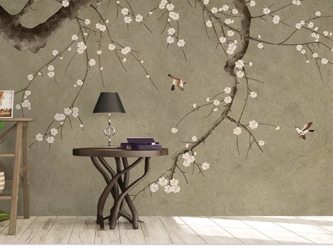Fine Brushwork Twisted Cherry Tree Wallpaper Wall Mural | Etsy